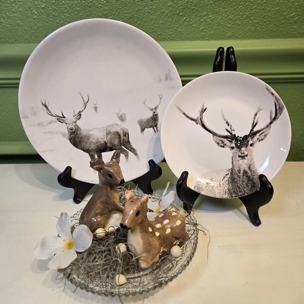 Oh Deer Vignette Salt and Pepper Shakers, 2 Deer Plates, Vtg Glass Cupcake Stand